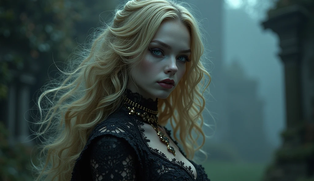 A scary horror image, It was a rainy night, with thunder piercing the sky and the rain pounding against the windows. Inside an imposing mansion, an elegant looking woman, with long blond hair and a face full of sadness, sat in front of a roaring fireplace. PICTURE REALISTIC, high resolution, 8k