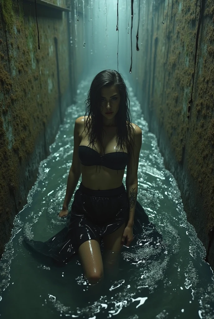 (best quality, masterpiece),( dark sky, heavy rain, inside abandoned temple, low water level stagnant water, ), realistic background, 2112, light*_black_particle, feature 27 years old beautiful women,bob hair,anatomy perpect,natural big bgreast,full body harness