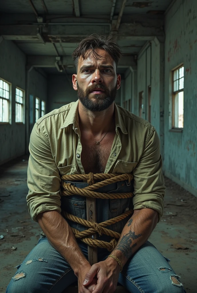 A half-naked man with a sloppy physical appearance chained to a liquor bottle
