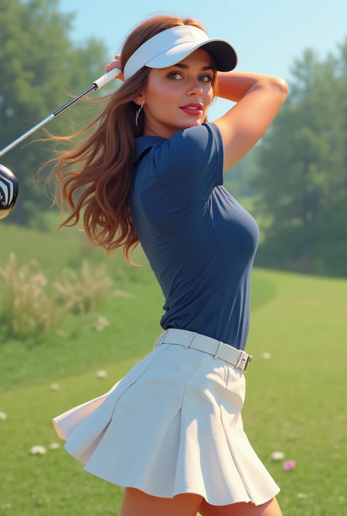 photo of a sexy, spanish female model, blonde hair, wearing orange polo shirt and white skirt, posing in the golf course, medium length hair, medium hair, UHD, masterpiece, high quality, best quality, highres, retina, UHD, masterpiece, textured skin