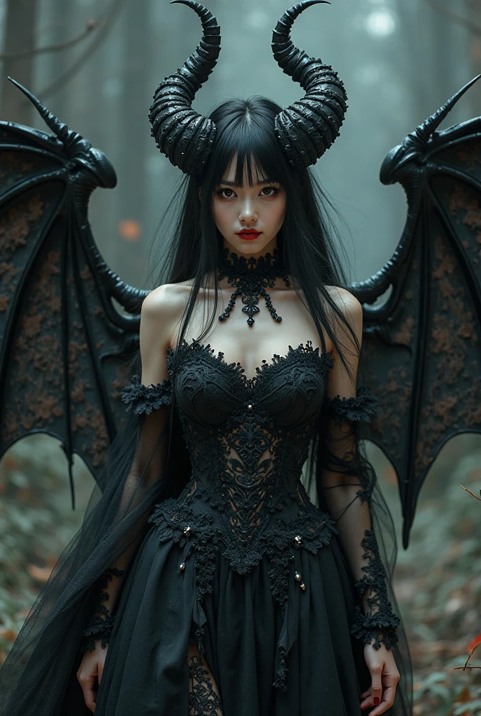 [monochrome:muted color:0.6] theme, (masterpiece), (best quality), (detailed), light layer, lustrous skin, (intricate detailed , taut clothes, , demon wings,hair ornament :1.2), from above, black hair, black choker, long hair, hime cut, blunt bangs, sidelocks, red eyes, holding quarterstaff,holding scythe,holding sword, (mature female:1.1), side-ponytails BREAK (simple background:1.1),