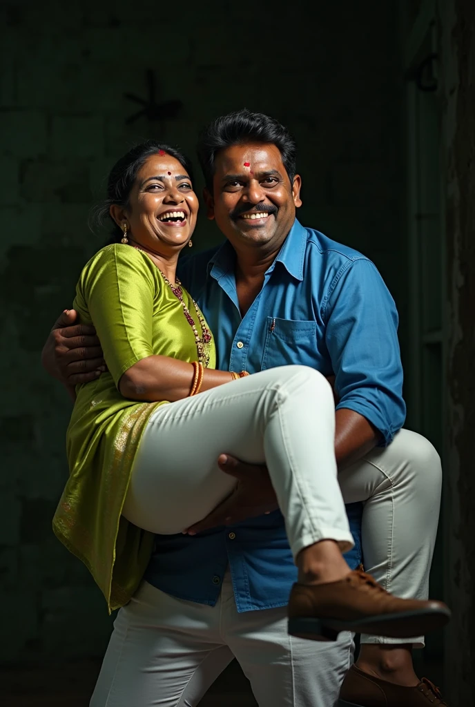a tall, beautiful Indian girl in black saree carrying a fat man over her head sitting on her shoulders in home balcony , natural smile, she has strong arms, traditional