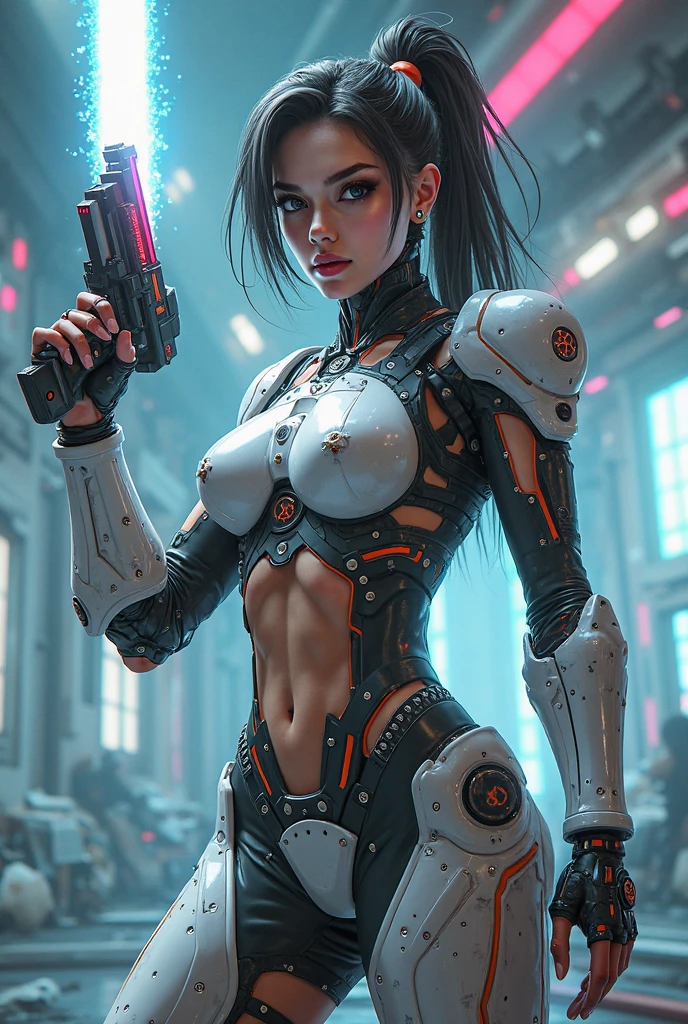 motor irreal:1.4,UHD,La mejor calidad:1.4, fotorrealista:1.4, textura de la piel:1.4, obra maestra:1.8, 1 chica cyberpunk, cabello negro, piel brillante, 1 orange mechanical girl, (Super realistic details)), cuerpo completo, global ilumination, contraste, Umbroso, Renderizado de octanaje, ultrasharp, escote expuesto, Piel cruda,minifalda orange, Metal,Intricate yellow decoration details, Japan details, Alto intrincado detallado, luz realista, Tendencias en CG, in front of camera, neon details, mechanical limbs, Blood Vessels Attached to Tubes, Mechanical vertebrae attached to the back, mechanical cervical attachment to the neck, alambres y cables que se conectan a la cabeza, Gundam, small LED lamps.14 Years Old Girl、cabello plateado、Pupilas perfectamente redondas、Iris tremendoディテール, sonrisa ligera,(cyberpunk:1.3)