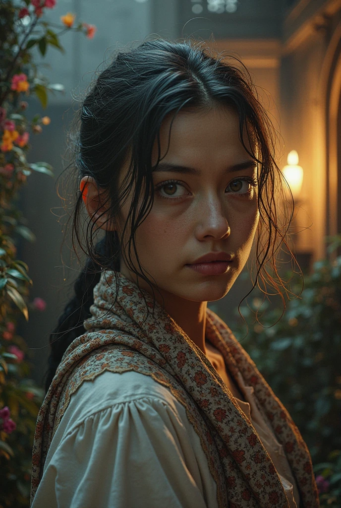 A 15 year old human girl with chin length brunette hair, curtain bangs, a Padawan braid, brown eyes and Jedi robes