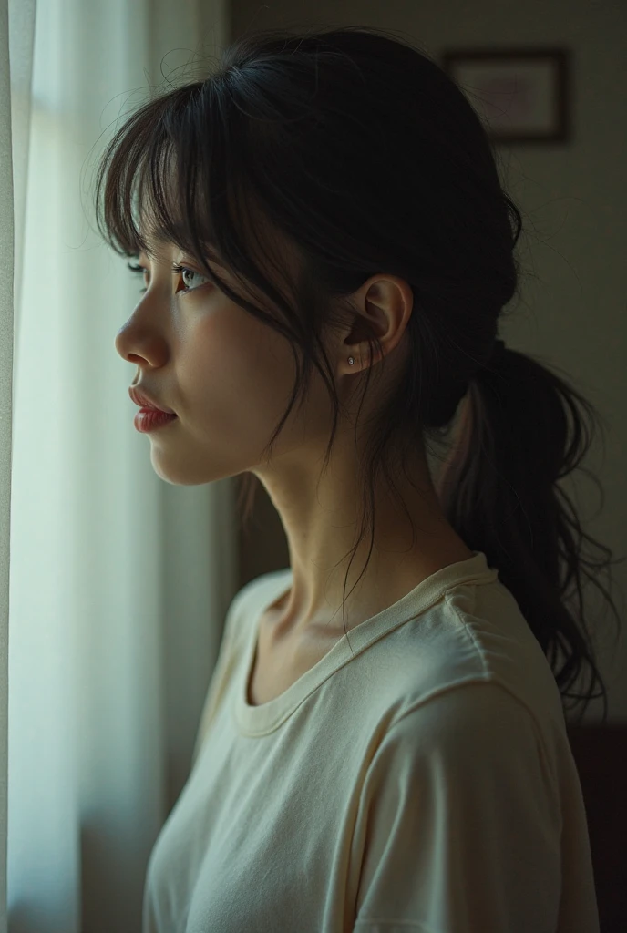A low contrast, back lit analog film photo of an female in profile view. She's wearing a ponytail and and has bangs. She's casually wearing a simple t shirt. The mood is quiet and pensive
