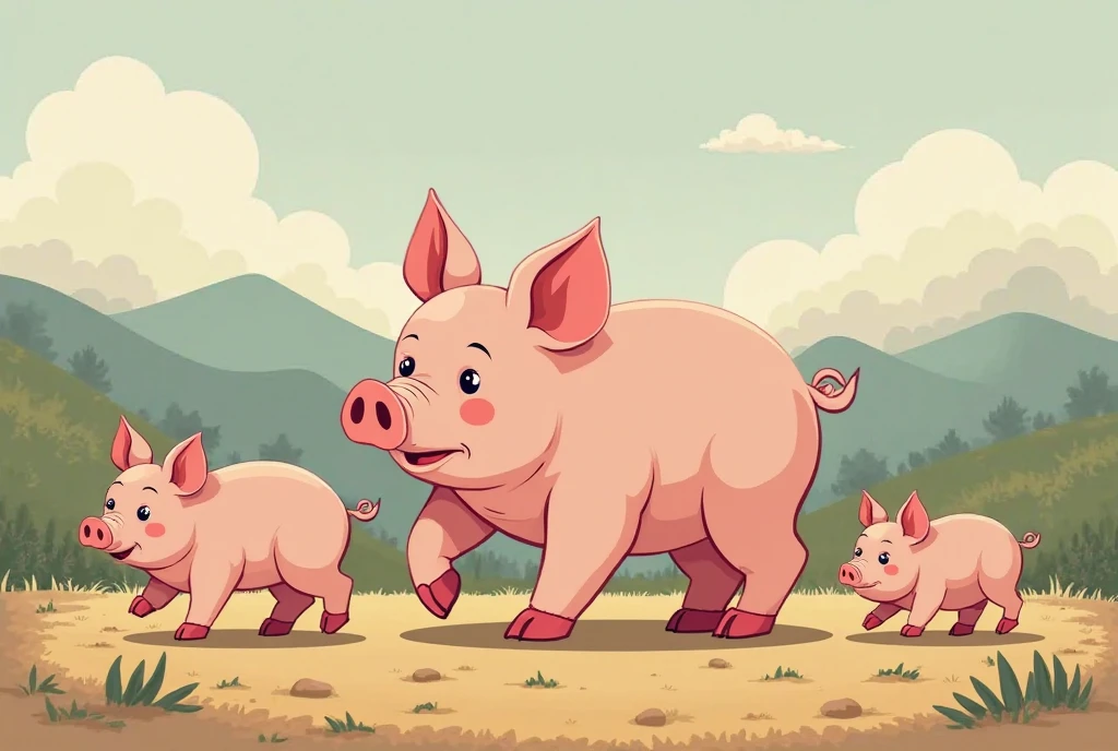 coloring pages of three pigs and a elephant standing in the sand, thick lineart, thick black lineart, heavy lineart, detailed but rough, lumpy skin, thick outlines, bold lineart, extremely fine ink lineart, some wrinkled, pigs, three hairy fat cave people, anthropomorphic warrior piglet, man bear pig