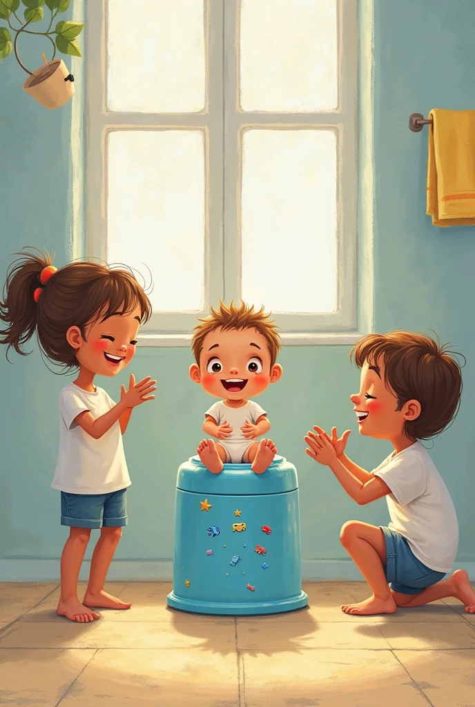 Three boys one fatty and pne girl potty in bathroom