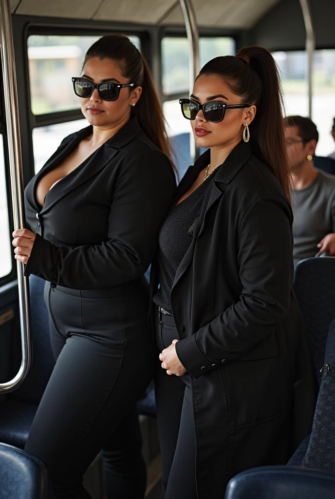 dark skinned, Red,, businesswoman, Two girlfriends, muscular legs, muscular calves, Strong legs, muscular hips, wide thighs, Curvy hips, high-heeled sandals, tights in a net, Stiletto heels, Women's business suit with short shorts, large ring earrings, tolerates the urge to urinate, Desperate urination, In a subway car, An expression of shame on his face, confusion, Desperation on the face, anatomically correct, Realistic,
