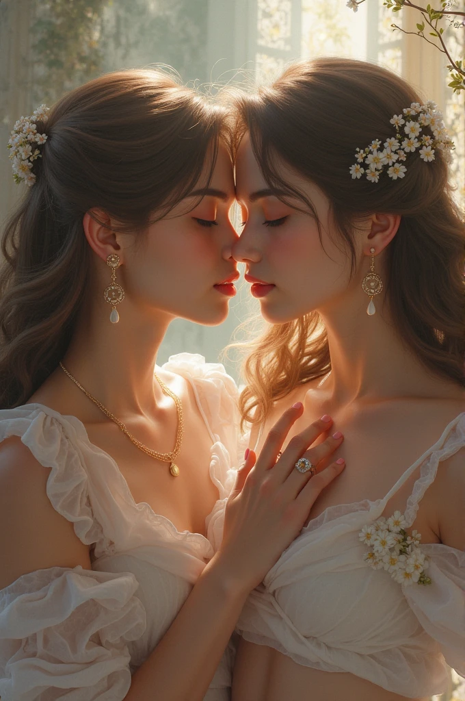 (masterpiece, highest quality, official art, beauty and aesthetic), two stunning bride is deeply in love with each other, kiss