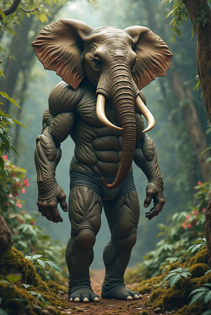 Elephant monster look with monster body and six packs and red eyes and in the shirt with cap