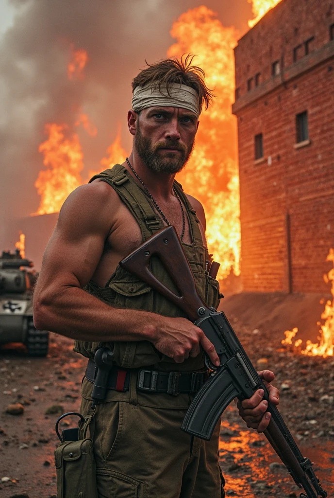 Helen Skelton, Vietnam War era, close-up action shot from ground level, naked US soldier, tattoos, frowning, sweating, damp blonde hair, bloodied and bruised, sunny, holding M16, on a bloody battlefield, explosion, fires