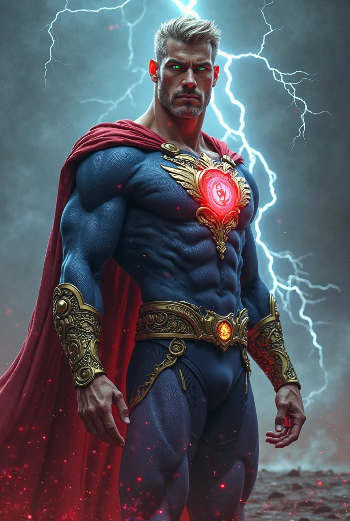 Chris Hemsworth with gorgeous blue eyes, shirtless with no pants on wearing a red cape with a thick large rainbow jockstrap hairy legs, sweating, detailed face with clean lines, with a cosmic space nebula background