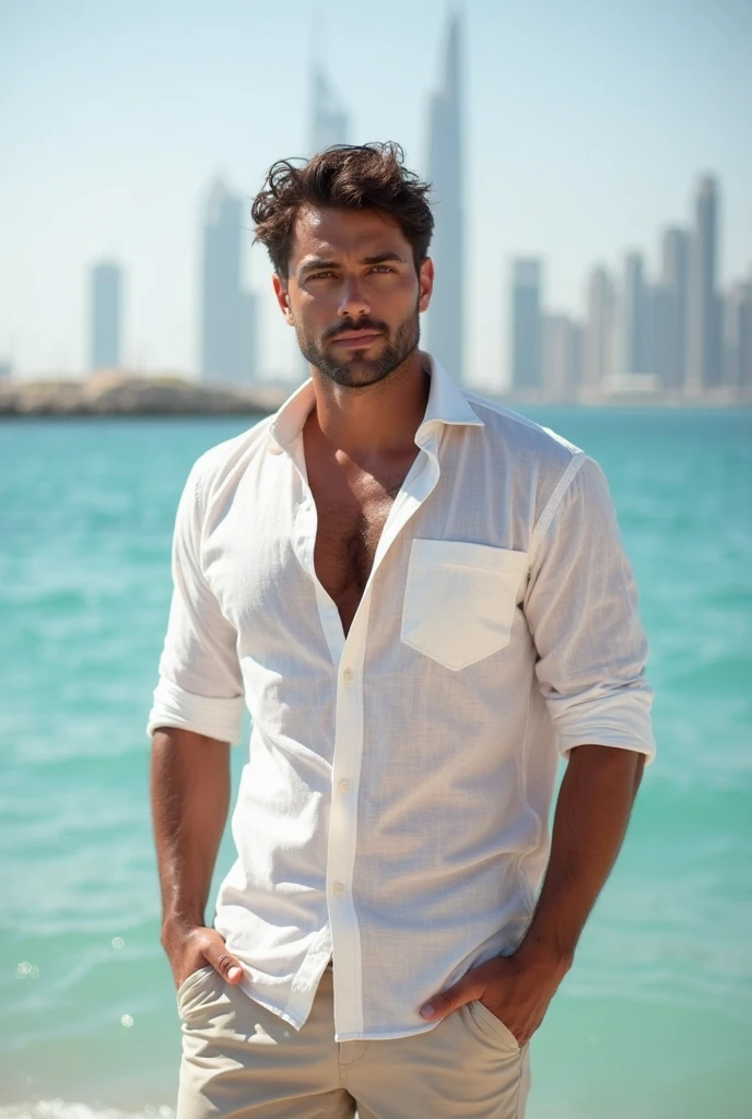 A rather handsome Latino, detailed face, posing on a seafront Best quality, high quality, skin print, pores de la peau, textured skin, analogique, Grain du film, Detailed eyes, bouche parfaite, 8k, UHD, 8k UHD, Closed mouth, casual clothing, barbe, pale skin,