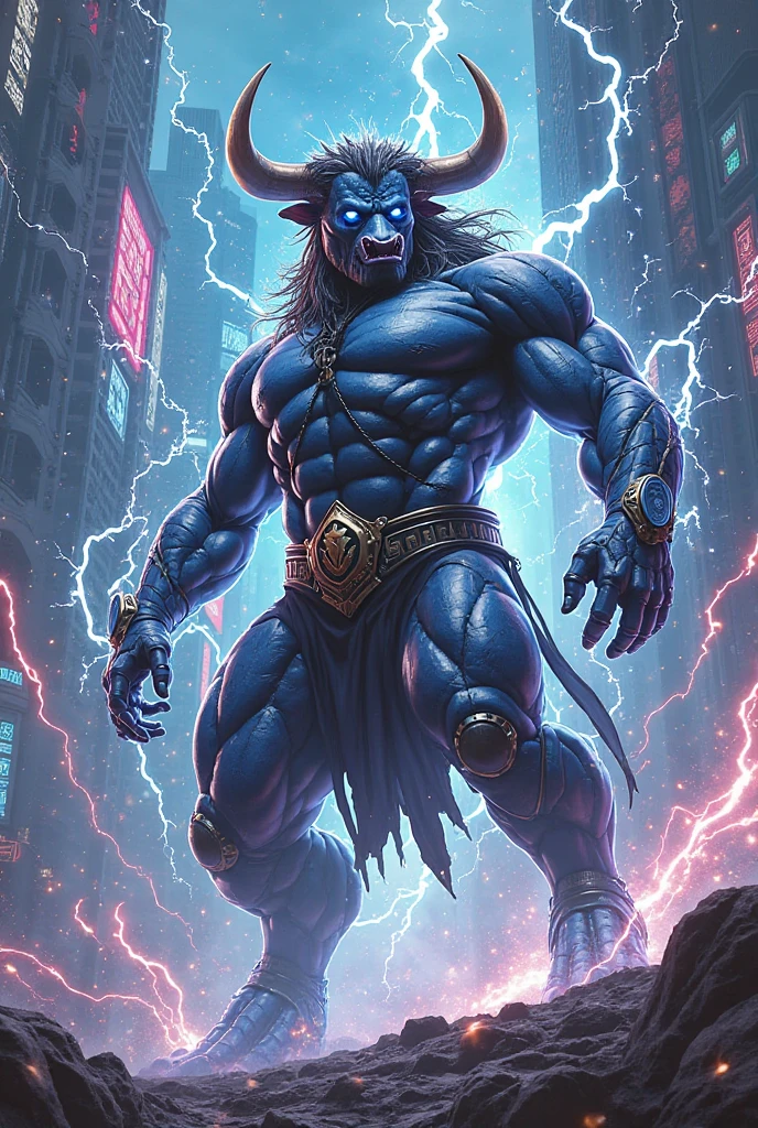 (Zombie Tiger King in the Doomsday Battlefield, surrounded by blue and black lightning particles), 3D rendering, movie special effects, movie lighting, city with ruins in the background, clear HD, 8K resolution, very detailed, digital painting, concept art, Shinkai Makoto style, pop popularization trend, pop, pop trend, pop trend on pixiv.