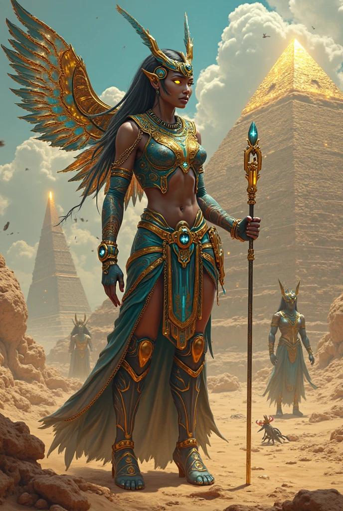 A stunningly realistic, 8K high-resolution book cover for the dramatic science fiction novel, at the top of the image the main title in text says, ('GODS OF THE SERENGETI'), and the subtitle, ('FEATHERED DAWN: ORIGINS'), with correct letters and spelling, typography, are prominently displayed in bold, elegant font. The cover showcases an awe-inspiring human-avian bird deity, with African genetic and phenotypic features and a regal presence. He stands tall, holding a futuristic Ankh staff with elaborate feathered wings and donning high-tech, sci-fi armor adorned with intricate patterns. The background reveals a fantastical landscape with floating pyramids, vibrant skies, and distant mountains. The color palette is natural and rich, creating a mystical and epic atmosphere. The author's name is on the bottom of the image, the text reads, ('TERRANCE JAMES')., illustration, typography, product, dark fantasy
