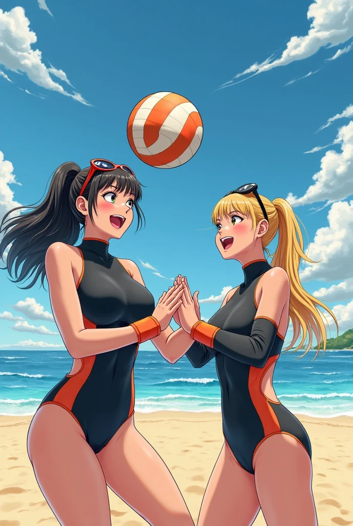 2girls, clones, Callie Briggs, detailed, detailed fur, pink swimsuits, legs, purple heels, blonde hair, eyes open, beach, glasses, thicc thighs, having fun in the ocean, playing volleyball,