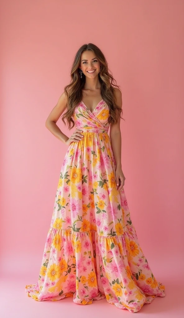 mulher araffe em um vestido floral em frente a uma mesa, usando um longo vestido florido, vestindo chiton floral, vestindo vestido floral rosa, Wearing a flowing dress, vestindo chiton floral rosa, imagem de corpo inteiro, vestido colorido, vestido flor, Flowing dress, linda senhora, vestido florido, wearing a flowing sundress, usando um vestido longo