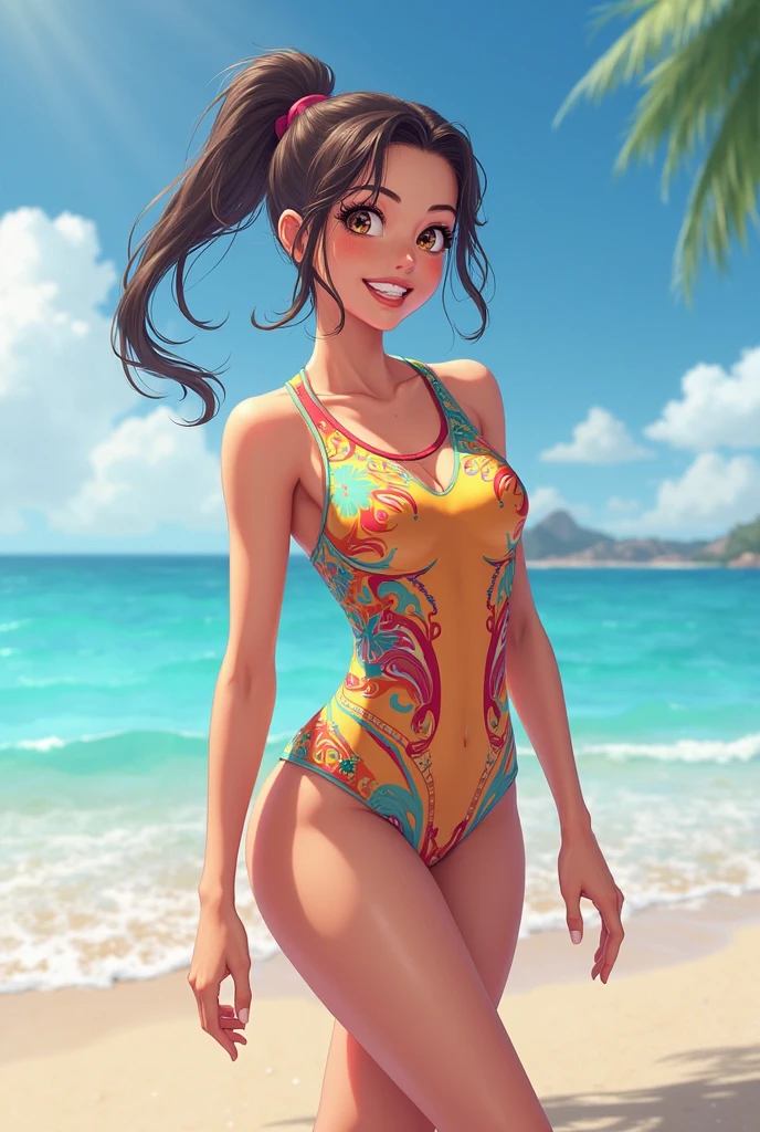 ((highest quality, masterpiece, High resolution)), ((reality)),Photos of beautiful Japanese women,((anime art))、 (((1 girl))), normal size breasts, slim body shape, long ponytail,double eyelid, Wet see-through micro bikini,  A pareo with bold ethnic patterns and plenty of primary colors、(Brown skin:1.4),realistic skin、Wet,whole body,cinematic light、tropical、Against the background of palm trees on both sides、on a sunny beach、With the sea in the background、blur background、smile