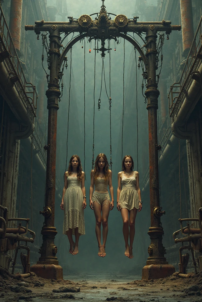 Scene of three girls in white thigh high socks, hanged, execution, gallows, hovering in the air