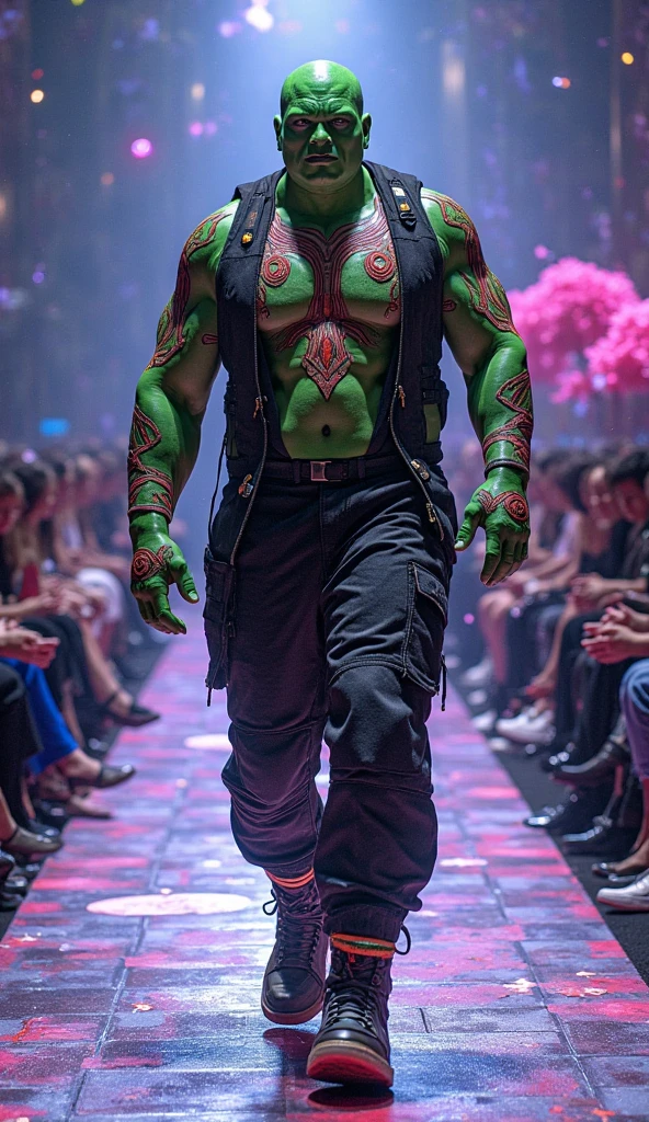 Realistic Piccolo of dragon ball z walking on fashion show