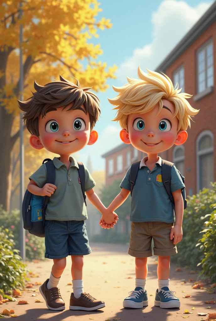 A young and attractive boy with short blond hair, blue eyes and white skin, She is with a young and attractive boy with short brown hair and green eyes.. In the background there is an athletics track