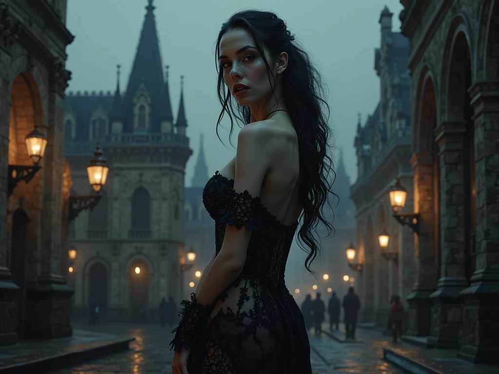 A strikingly contrasting figure, the goth girl prowls the streets at night with an air of mystery. Her black dress is adorned with silver spikes and chains, adding a tough edge to her appearance. The image, most likely a photograph, captures her in the dim light, creating a moody atmosphere. Every detail is sharp and clear, from the intricate lace on her gloves to the smoky makeup around her eyes. The high quality of the image allows for the viewer to feel as though they are right there on the darkened streets with her, experiencing the same sense of intrigue and rebellion.