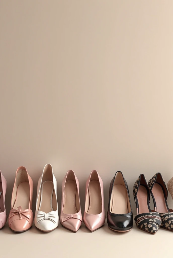 Here is a prompt for a woman's shoe image in English:
"Create an illustration showing a collection of different types of women's shoes arranged neatly. The shoes should include various styles such as pumps, sandals, boots, flats, and sneakers. The shoes can be displayed on shelves, lined up on the floor, or in an organized manner that showcases the variety. The image should convey the idea that a well-rounded shoe wardrobe for a woman consists of having multiple pairs for different occasions and styles. The overall aesthetic should be clean, fashionable, and visually appealing."
