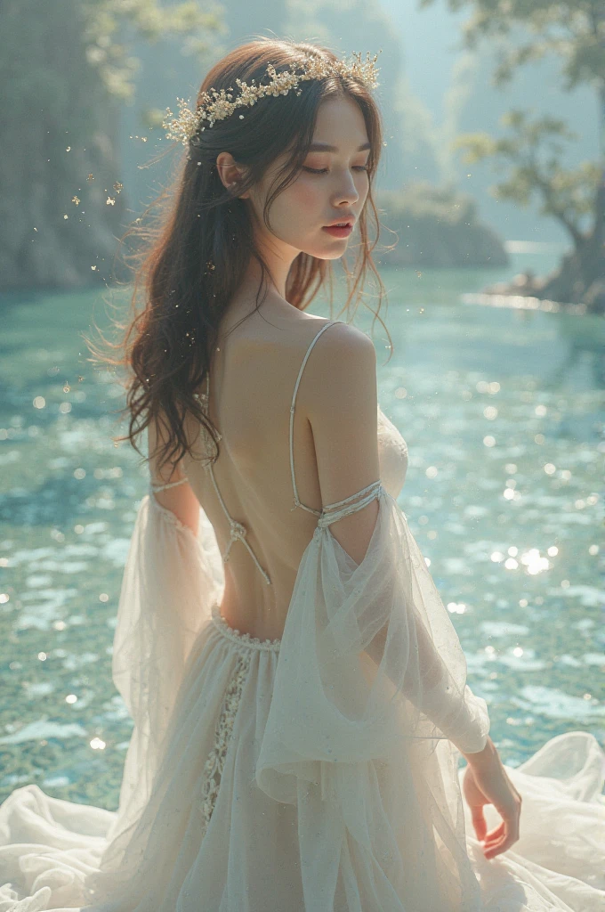There is a woman in a white dress standing on the rock, Images inspired by Lillian Bussman, unsplash, 𝓡𝓸𝓶𝓪𝓷𝓽𝓲𝓬, EtherealBeauty, Amazing young ethereal figure, Ethereal and dreamy, She wears a long white flowing dress, with ethereal light, a beautiful woman in white, elegant cinematic pose, pale robe, flowing white dress, very ethereal, Ethereal backlight
