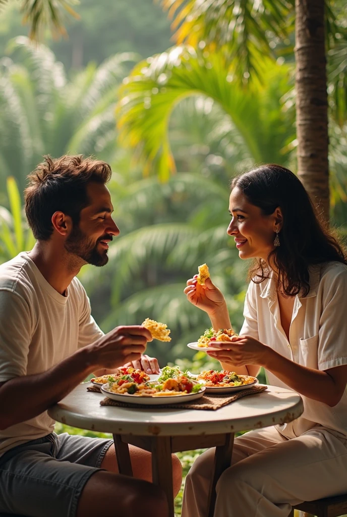 Husband wife sit in the Haven and eating foods