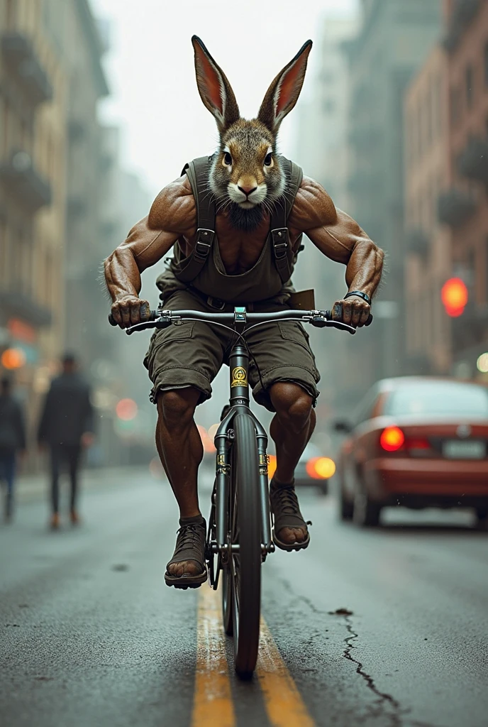 Strong man with rabbit head in the middle of forest of trail clothes