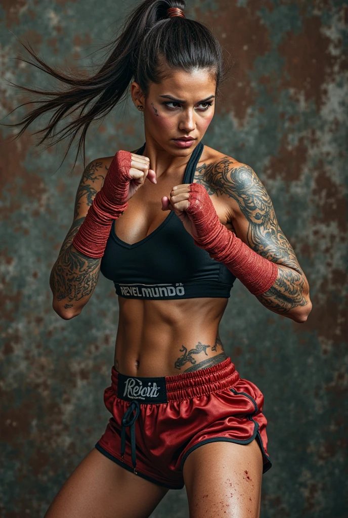 Mujer con tatuajes sosteniendo una pelota de voleibol frente a su cara,(((tiro de cuerpo completo))), inspirado por Ion Andreescu, vistiendo una camiseta de voleibol y pantaletas muy cortas y ajustadas, Angelina Stroganova.