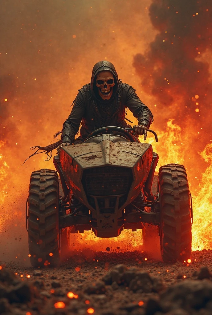 cinematic Film Still (immolation:1.4) man with a skull head riding a burning motorcycle inside a dark forest <lora:immolation-lightWeight:1>, burnt skin