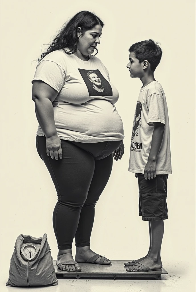 Create a realistic image of an elderly woman, 90 years old, obese, with black and dark skin, wearing a white shirt and black skirt and glasses, holding aloft the body of a 30 year old young woman, with light white skin, light brown hair with highlights on the face, slim body, without a bra with her breasts on display and wearing short denim shorts