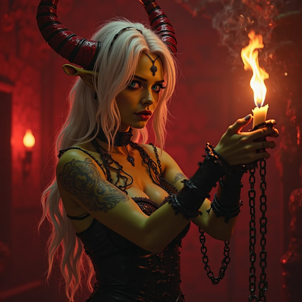 a white demon girl with fiery attire, detailed face and eyes, dark skin, horns, detailed demonic features, in a dark hellish dessert shop, flame-themed ice creams shaped like dildos, realistic, photorealistic, 8k, best quality, masterpiece, highly detailed, vivid colors, dramatic lighting, moody atmosphere, dark fantasy, horror, cinematic