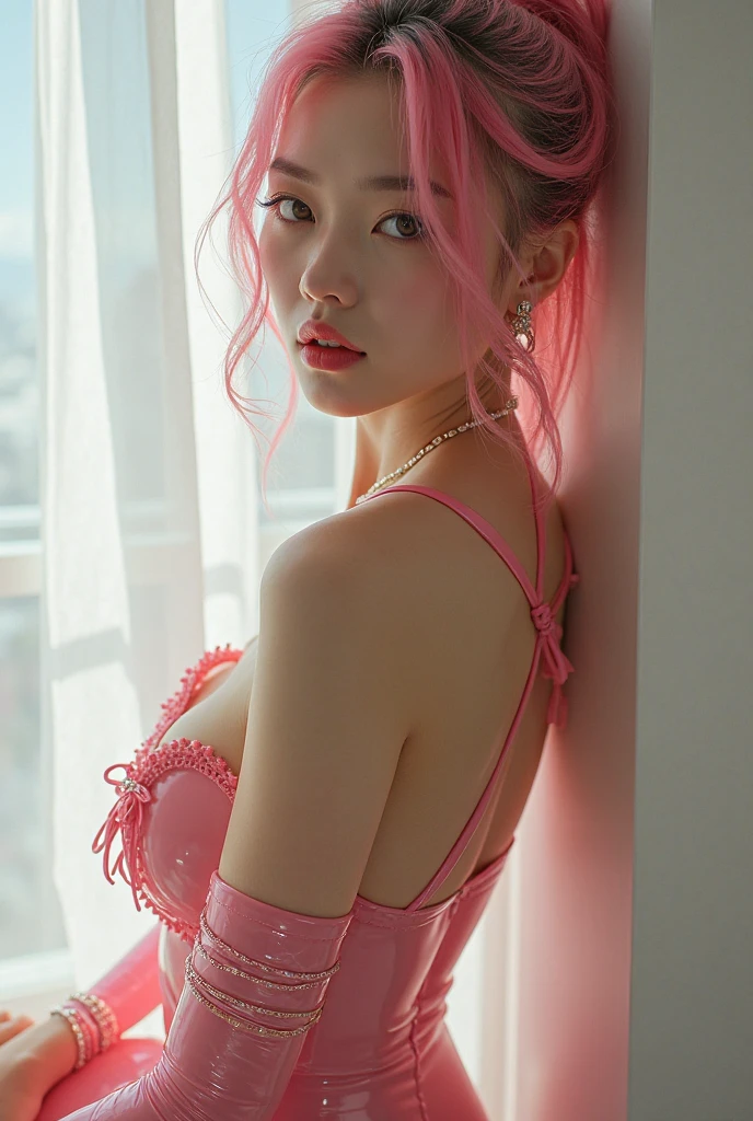 A stunning high-resolution cinematic image of a sexy young Korean woman exuding confidence and beauty, with an impeccable body, slim face, and captivating eyes. Her long, vibrant pink hair cascades down her back, and she wears exquisite lingerie adorned with delicate details that accentuate her flawless figure. The lingerie features a plunging neckline and showcases her toned legs and thighs. In the reflection, her larger image is captured in front of a bedroom mirror.