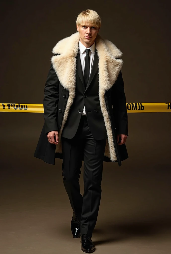 A full-body photo seen of a handsome and thin 20-year-old man , with straight blond hair with bangs. who wears a black suit with a large, white coat of fur on top. black dress shoes,  take a serious look, walking towards the camera . Dark brownish background with yellow police ribbons.
