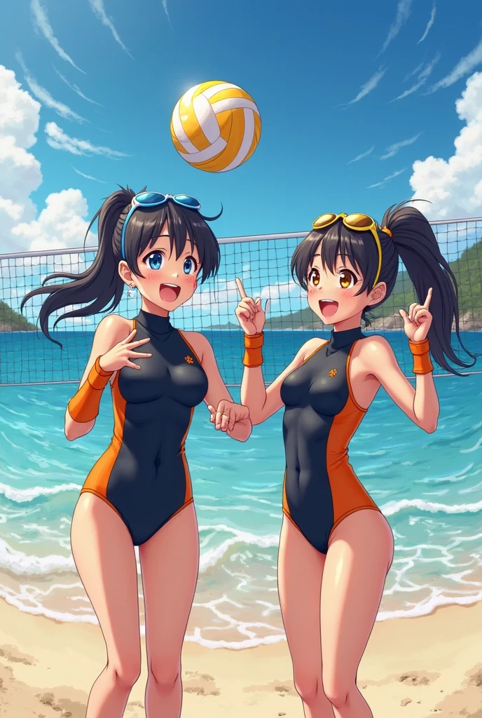 unity 8k wallpaper, anatomically correct, (((masterpiece))), (((best quality))), (((ultra detailed))), (((high-resolution))), ((super fine illustration)), detailed beautiful face, BREAK, ((2girls)), ((couple)), cheek-to-cheek, ((yuri)), 18 years old, ((potbelly)), (curvy), medium breasts, ((Thick thighs)), shiny hair, ((evil smile)), (((smirk))), ((blush)), BREAK, (((sports bikini))), swim wear, (beach volleyball uniform), ((wrist bands)), ((kneepads)), two female beach volleyball players, BREAK, ((hold the Beautiful spherical shape 6” volleyball)), stylish pose, ((sweat)), (perspired), (heavy breathing), sense of depth, ((in beach volleyball court)), from below, ((looking at viewers)), cowboy shot, couple focus