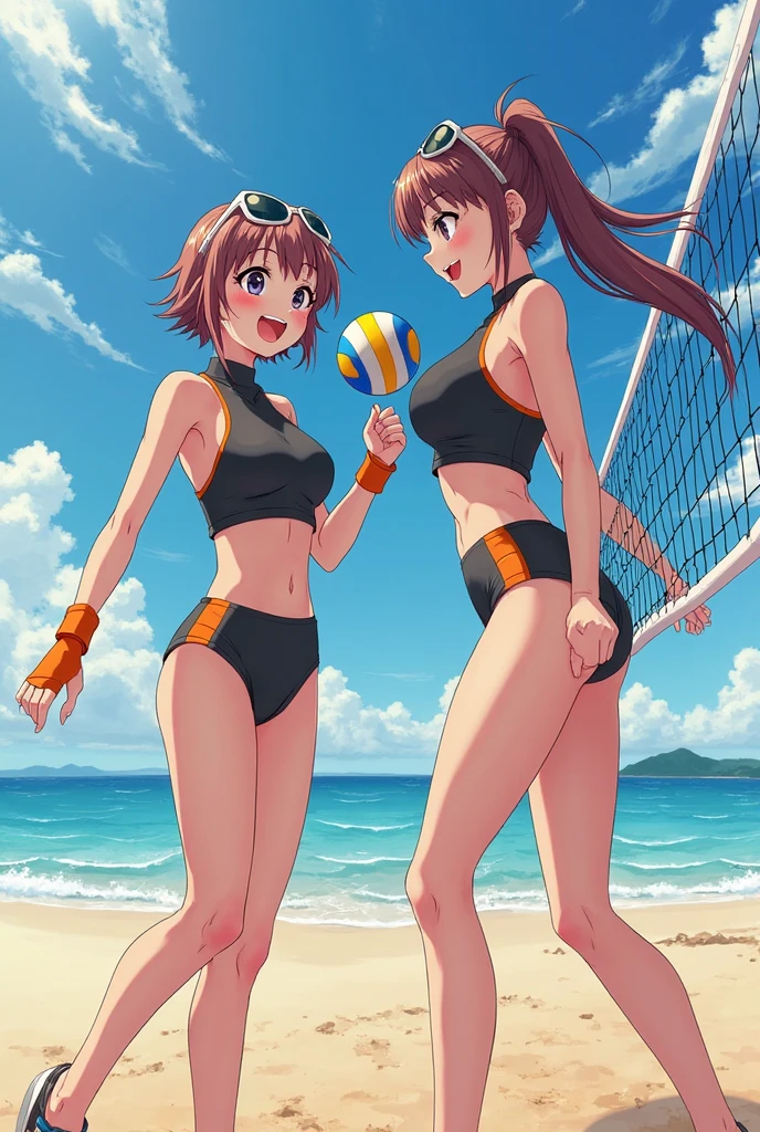 (top-quality、in 8K、32K、masterpiece、nffsw、超A high resolution、Impresionismo、Photorealsitic:1.2)、Full body, sand beach、beauitful face、blurry backround、18 year old beautiful girl、shinny skin、beautiful orange hair、Green eyes、Bikini swimwear、raise arms、beach balls、Curve、Dynamic Poses、Smile with open mouth、Two girls、