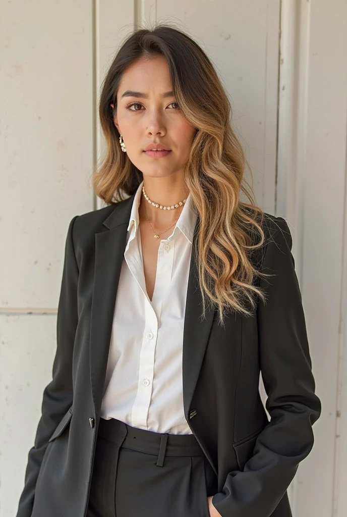 Create an image of a beautiful, confident, mulatta woman seated in a professional setting. She should have long, wavy black hair and be wearing a stylish grey checkered suit. The woman should be posing with her head resting on her hand, exuding elegance and poise. She should have a subtle, natural makeup look and be wearing delicate jewelry, including earrings and a necklace. The background should be dark and slightly blurred to keep the focus on her, with lighting that highlights her features and the texture of her suit. The overall atmosphere should convey professionalism, confidence, and sophistication.