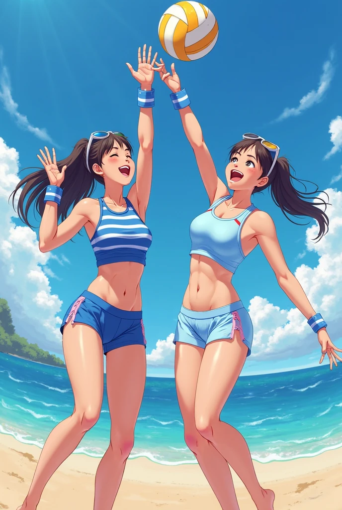 ,(best quality, ultra-detailed, realistic:1.37, masterpiece:1.2), woman, beautiful detailed eyes, beautiful detailed lips, brown hair tied up, smile,gold micro one-piece swimsuit, (muscular body:1.1),slim figure, caustics, textile shading, toned body, clean abs, palm trees swaying, ponytail,