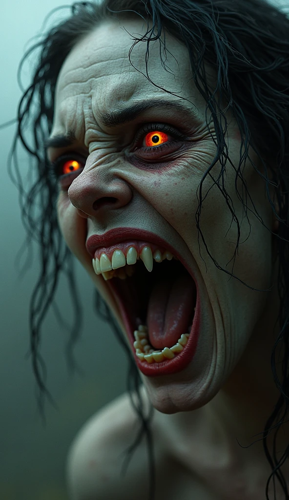 (misty, haze:2.0),(dimly lit:1.8), (translucent:1.4), (dark:1.6), (dark room:1.2), (chiaroscuro:1.8), shadow, (dark theme:1.2),cinematic movie still,(horror style:1.3), woman head with long black hair and a white ghostly face, wearing a creepy smile, (fading dark Red eyes:1.2), wide open , screaming expression, sharp fangs teethes, mood effect is eerie and unsettling,, absurdres, high sharp, ultra highres, high sharp, crystal clear, 4K, 8k, HD, UHD, super detail, absurdly detailed, highly detailed, best quality, high quality, Sharp