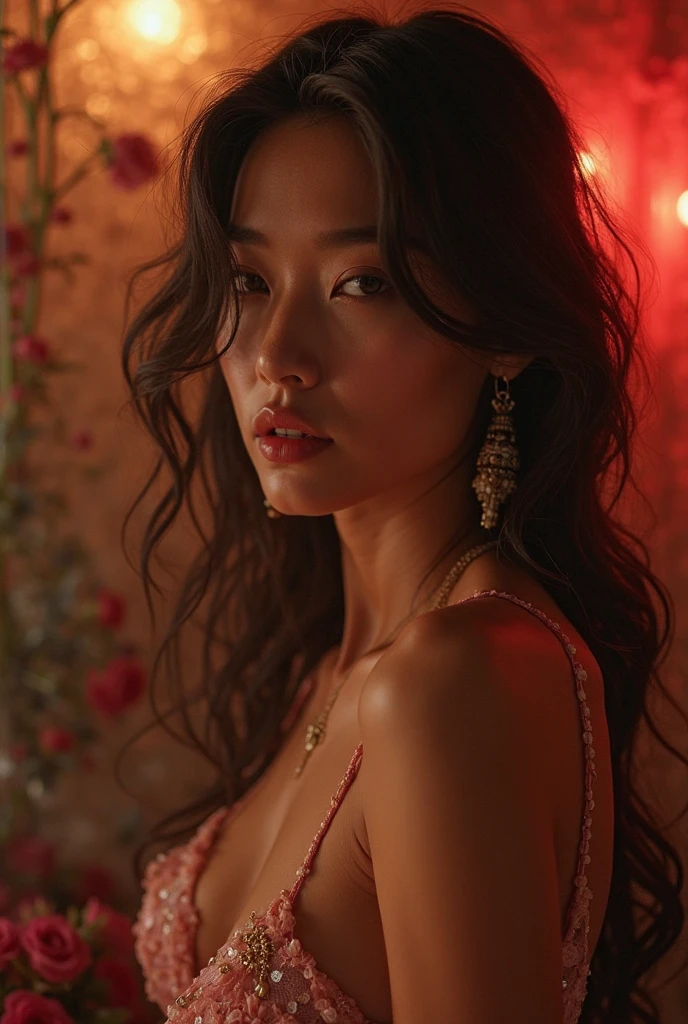 Beautiful Thai female model, red nails, perfect fingers, sparkling brown eyes, beautiful long eyelashes, red lipstick, wearing a red and black evening dress, sparkling pink diamond jewelry, on the rooftop of a building, at night, studio atmosphere