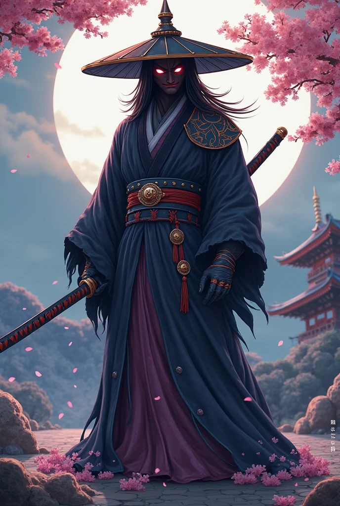 Japanese monk,Small、One Punch Man、 Cherry blossom temple garden at night, Full moon and lotus, Fight evil、Round sunglasses、The Buddha is watching、Hunter、4K