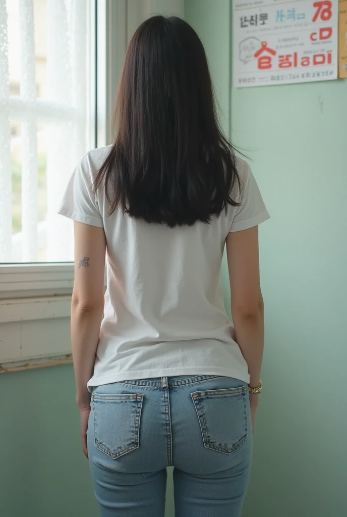 a girl photographed from behind in a t-shirt without pants
