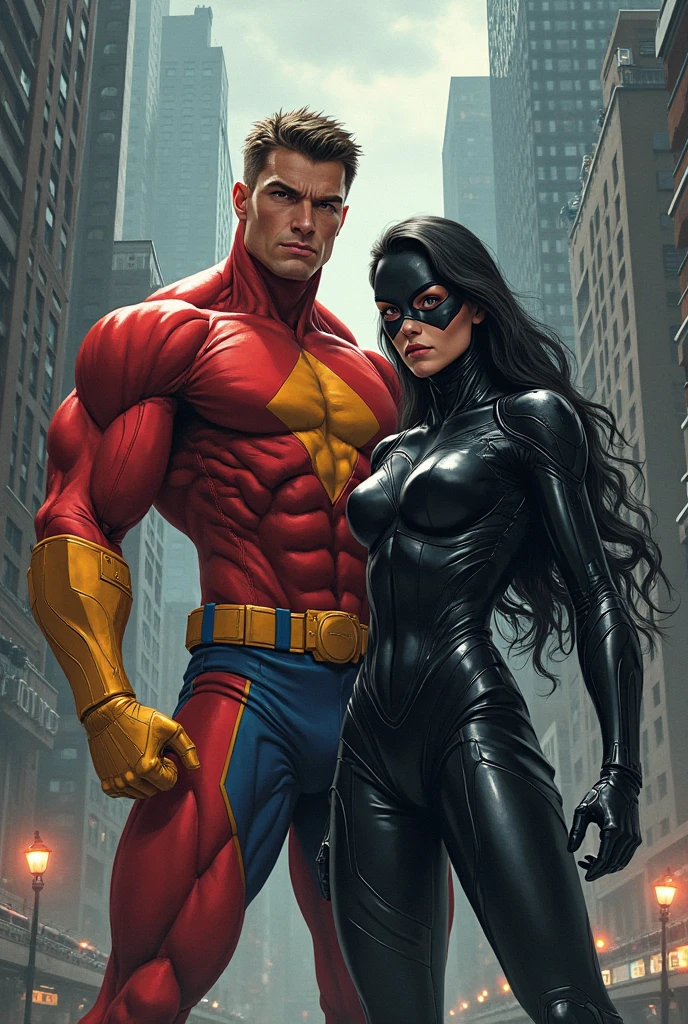 Teen titans raven with red colors with horns and red eyes, casting shadows with a scepter. He has medium hair and pale white skin.. His full body is shown. And he&#39;s fighting America&#39;s female hero., with long black curly hair and a blue suit, The heroine is winning the battle, the heroine is much more powerful and bigger, the heroine beats the villain 