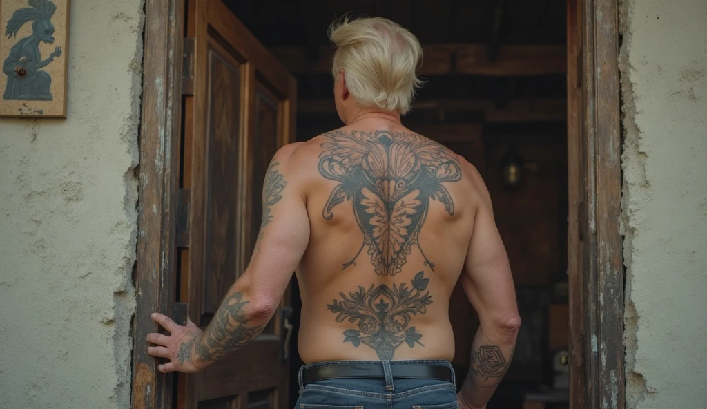 1 16-year-old boy,Back photo,Teenage uncensored,Naked,Blonde hair,There are tattoos all over the body,At the bus stop