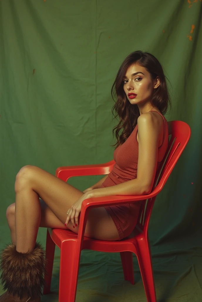 A beautiful light brunette woman is in a living room, wearing a very short red top (((red top))), and green printed shorts (((green printed shorts))), . She has her arms outstretched as if she is dancing or performing an exercise routine. The living room has wooden floors and a beige sofa visible in the background. wearing a tank top (((red top))), short green printed shorts (((green printed shorts))), tight and short green printed shorts for gym training. Photo taken from the side, with tanned body, toned body, body athletic, ((( (legs)))); sexy pose, extremely sexy, very sensual, shapely legs. She is about 36 years old, 1.62 tall, 60 kg, best quality, perfect face, perfect mouth, perfect hands, is standing, (full body) vwell defined, her slightly plump and red lips look like a delicate flower. Slim body, slim waist. Her body exudes glamor and her face is the definition of beauty. Highly realistic, reddish skin, feeling of lightness and joy, hyper-realism, very elaborate skin. Sharp photo, high quality, high resolution (ultra quality masterpiece), Ultra HD, high contrast, 16K. Masterpiece: 1.3, high resolution, (photographically realistic), 8k, NUDE, NUDITY, NFSW.