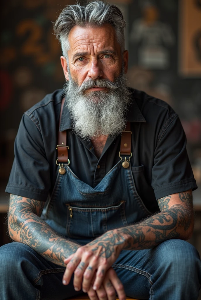 Shaggy man with beard and tattoos sitting on a chair, dark gray-haired man, photographic portrait of an old man, long gray beard, gray beard, gray beard, gray hair and beard, charismatic old mechanic , Tattooed Man, 50mm Portrait, artistic portrait photograph in 8k, gray hair and beard, man of 50 years, Portrait of 60 mm