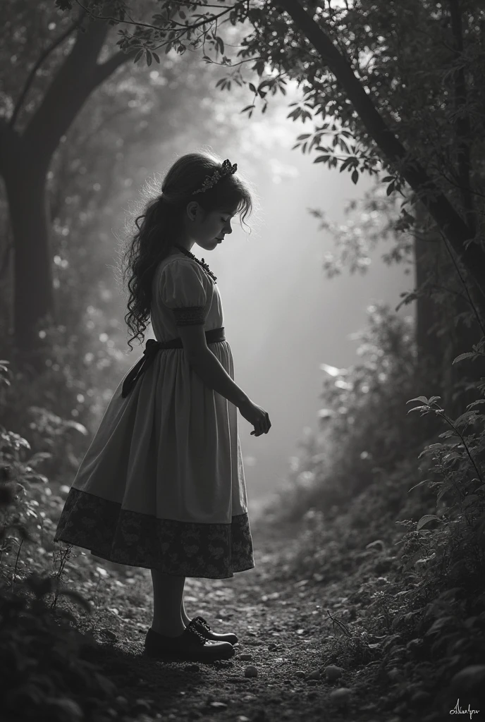 turned around in a dark dress with a bow in her hair,and long, curly hair