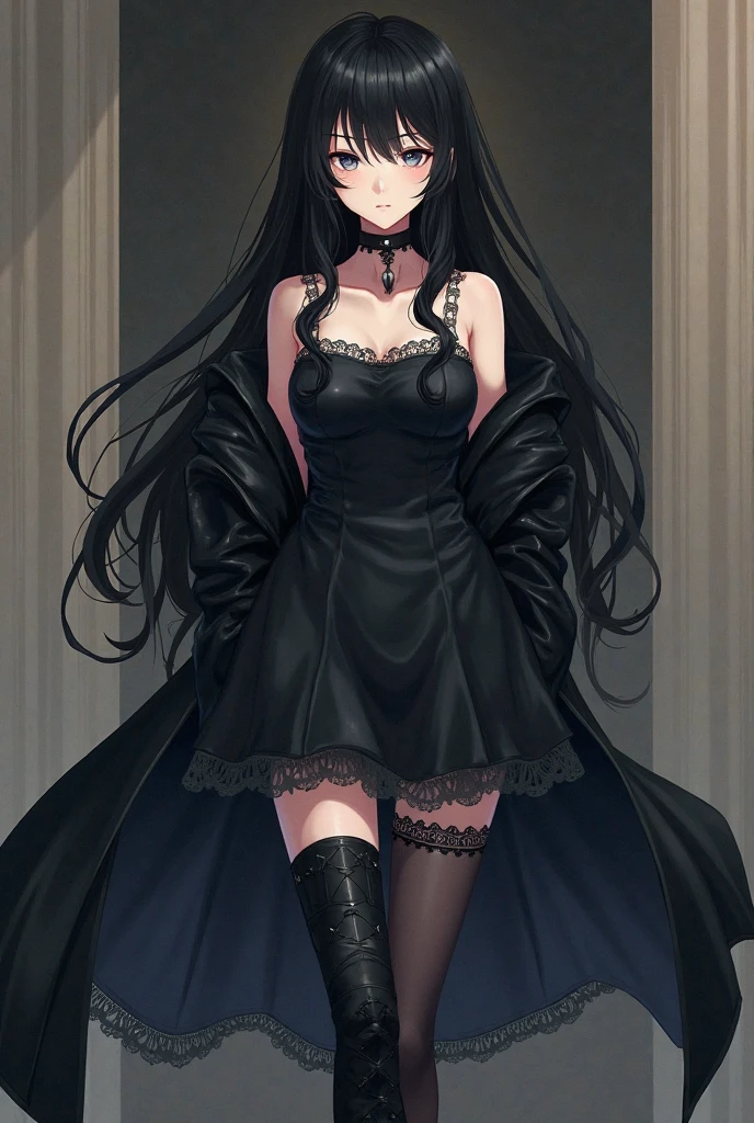A beautiful.girl , age 18+ , black long hair , yellow eyes , wearing black dress